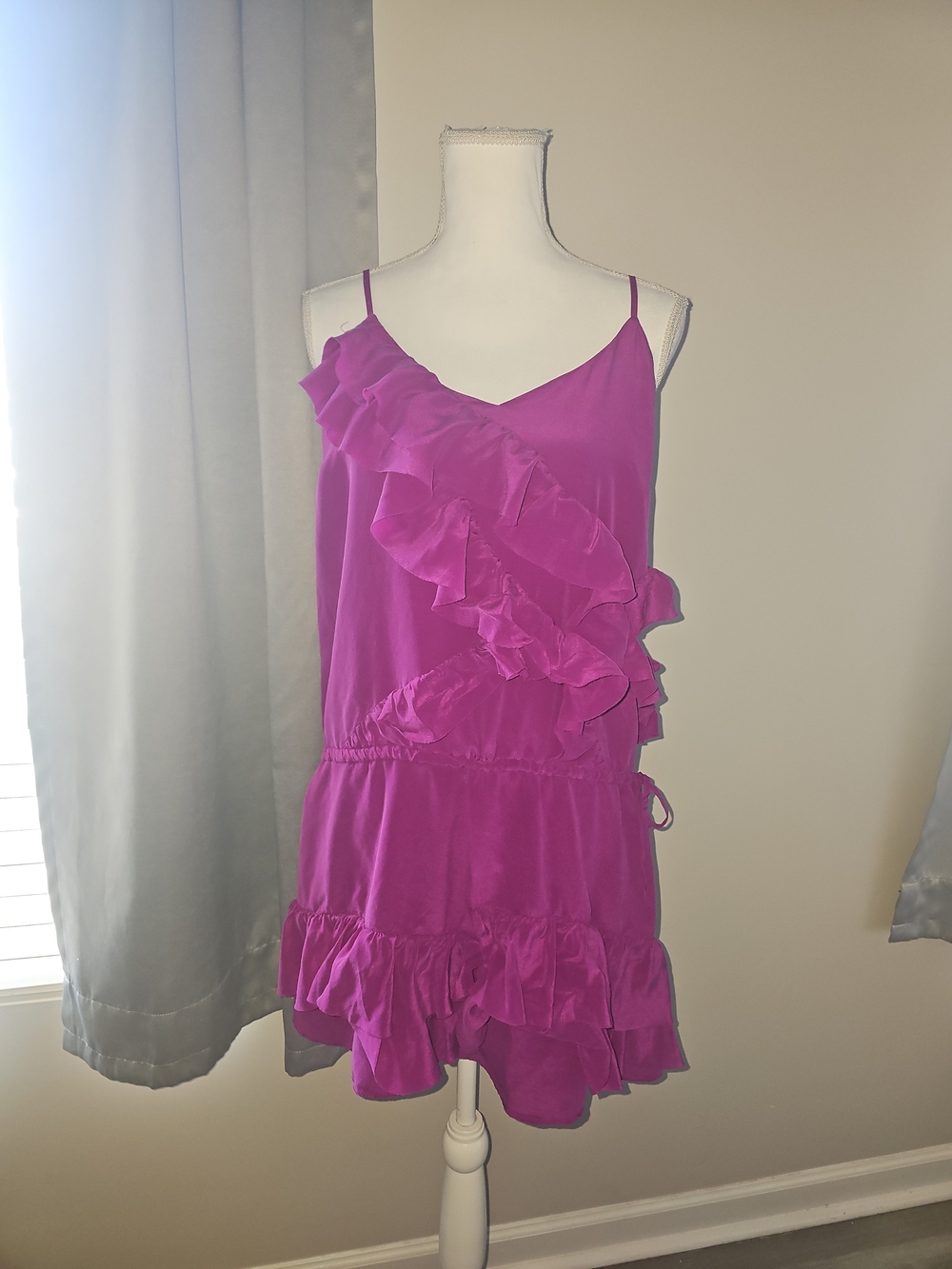Banana Republic 100% Silk Ruffle Tiered Mini Dress Magenta Purple - Size L